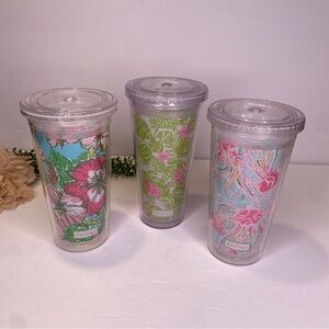 Set of 3 Lilly Pulitzer Ocean Floral Print Plastic Tumblers With Lids BPA Free